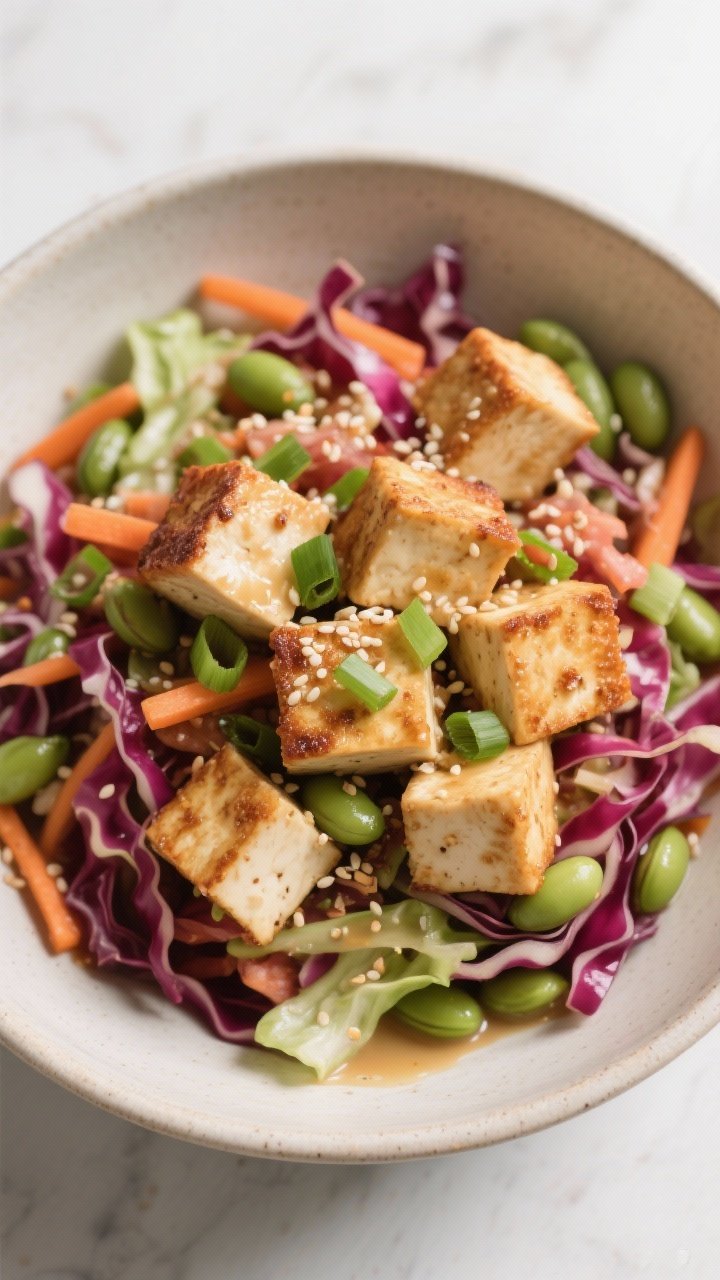 Overhead power bowl: miso-ginger tofu cubes (extra-firm tofu tossed in cornstarch, soy/tamari, sesame oil, baked to crisp edges) arranged over a bed of mixed shredded red and green cabbage slaw; slaw flecked with carrots, edamame, and a light miso-ginger dressing; garnished with sesame seeds and sliced green onions; minimalist zen aesthetic with neutral ceramics and soft diffused light.