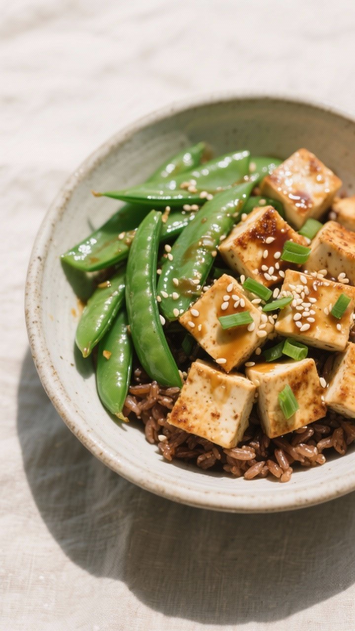 Overhead power bowl of Miso-Ginger Tofu with Sesame Snap Peas: extra-firm tofu cubes lightly crisped (tossed with cornstarch, sesame oil, kosher salt) drizzled with a miso-ginger glaze, alongside bright sugar snap peas sautéed with olive oil. Garnish with sliced green onions and sesame seeds. Serve in a wide ceramic bowl with brown rice base hinted at, clean zen composition, neutral linen, natural daylight.
