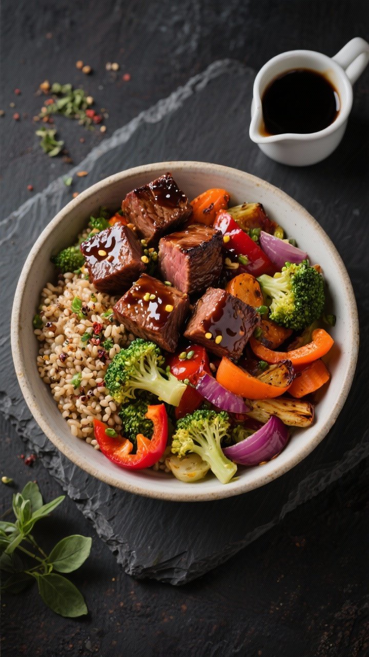 Overhead power bowls: balsamic-marinated beef cubes (sirloin or flank) seared to medium with a glossy balsamic-Dijon glaze, arranged with roasted mixed vegetables (broccoli, bell peppers, red onion, carrots) and a quinoa or brown rice base; Italian seasoning flecks on the veg; a small pitcher of extra balsamic drizzle; dark slate surface to pop the jewel-toned roasted veg and caramelized beef.