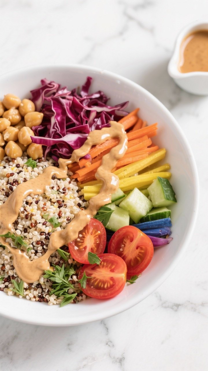 Overhead rainbow quinoa bowl: fluffy tri-color look from cooked quinoa mounded in a wide white bowl, topped in colorful sections with chickpeas, shredded red cabbage, carrot ribbons, diced cucumber, cherry tomato halves, and a sprinkle of fresh herbs; a drizzle of glossy maple-tahini dressing zigzagged on top, extra dressing in a small pourer; vibrant, healthful, high saturation, clean marble surface.