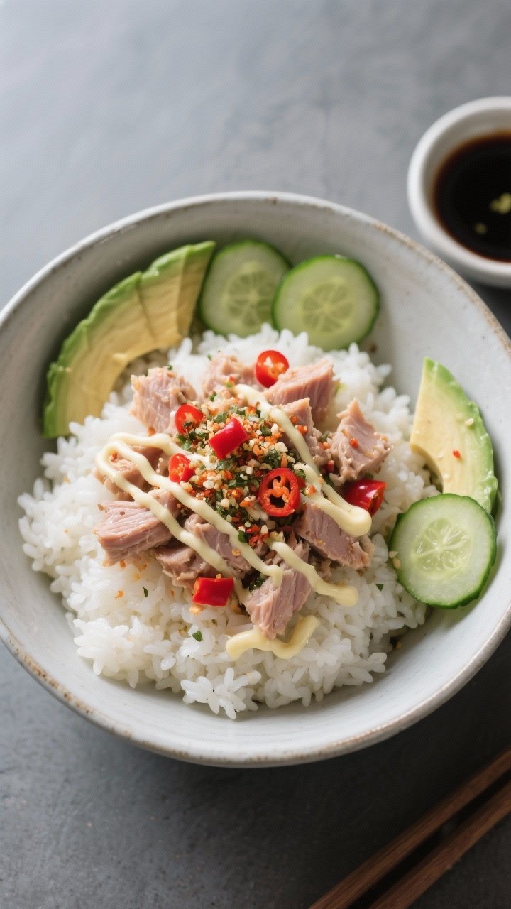 Overhead rice bowl assembly for spicy tuna bowls: fluffy microwave jasmine rice mounded in minimalist ceramic bowls, topped with well-drained canned tuna tossed lightly. Kewpie mayo zigzag drizzle, ruby chili crisp dollops, and a generous sprinkle of furikake for texture and color contrast. Optional sliced avocado fans and cucumber coins arranged neatly at the rim, with soy sauce in a tiny dish to the side. Bright, clean lighting to highlight whites, greens, and reds; matte slate background for contrast; tidy modern styling.