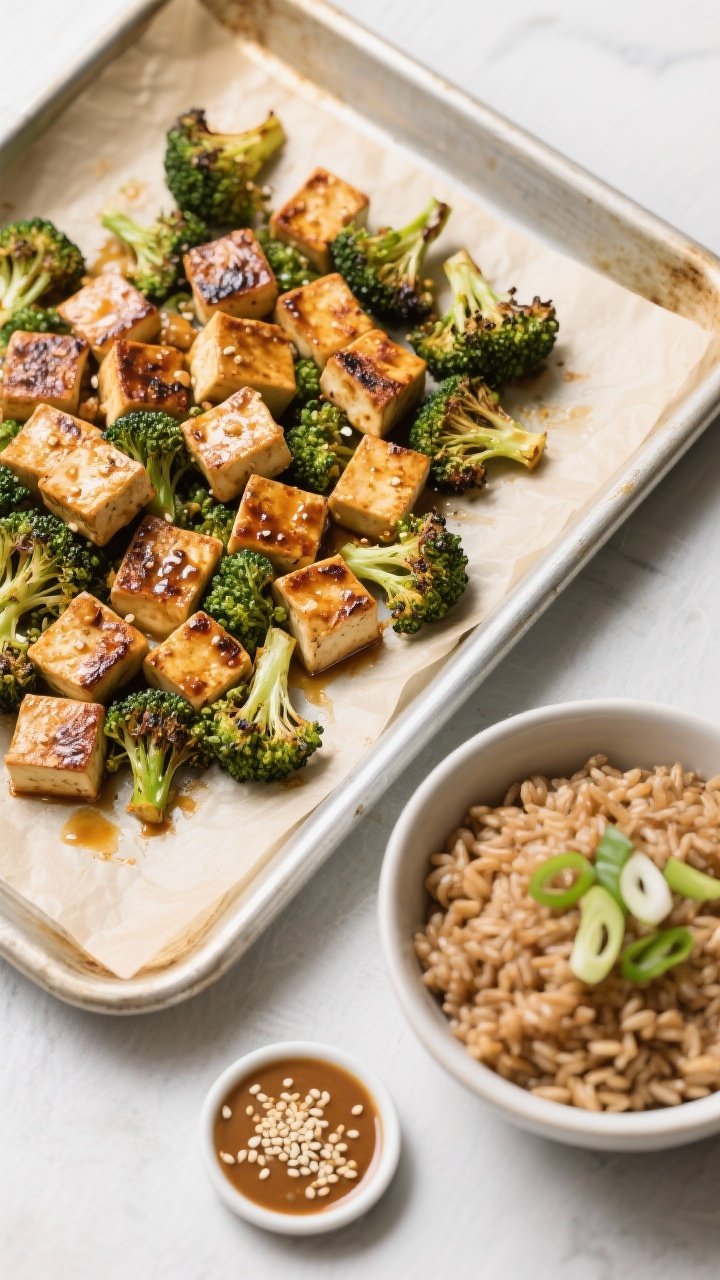 Overhead roasted tray and assembly shot for a Miso-Garlic Tofu Bowl with Roasted Broccoli: golden, oven-crisped miso-garlic marinated tofu cubes and charred broccoli florets on a parchment-lined sheet pan beside a bowl of nutty brown rice. Small ramekin of miso-garlic glaze and a sprinkle of toasted sesame seeds and sliced scallions. Clean, neutral styling with emphasis on caramelized edges.