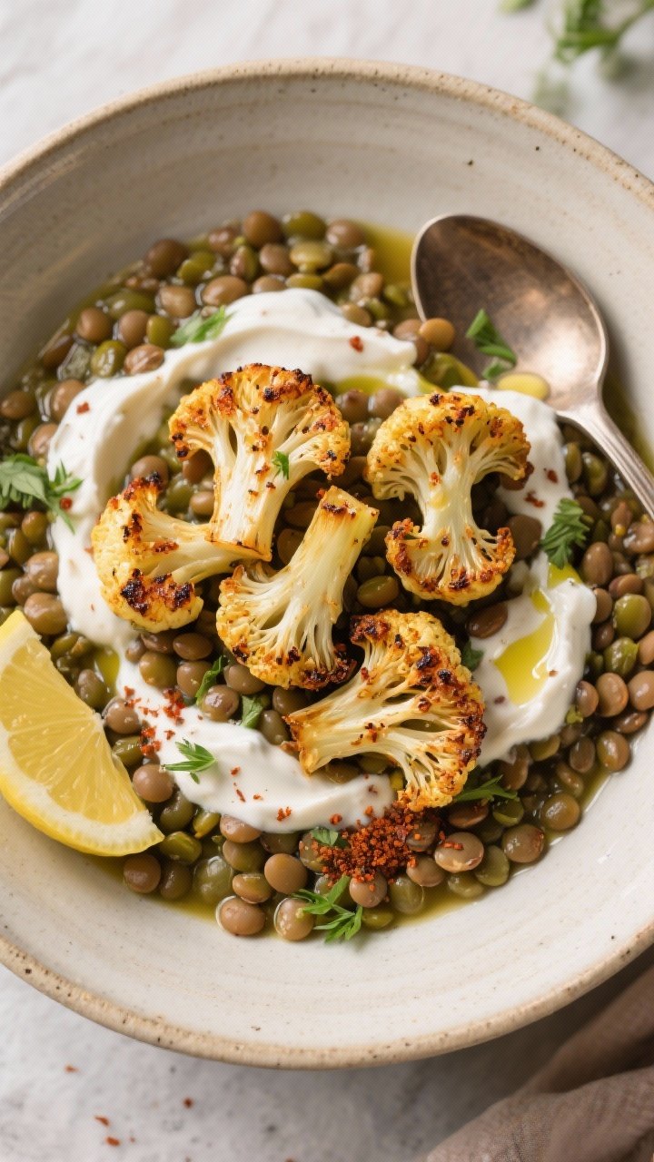 Overhead roasted veggie and legume composition for spiced lentil, roasted cauliflower and tahini-yogurt bowl: cumin- and smoked paprika-dusted cauliflower florets roasted to golden brown, spooned over a bed of green/brown lentils simmered in vegetable broth; dollops of tangy tahini-yogurt sauce, a drizzle of olive oil, lemon wedges on the side, sprinkle of fresh herbs and sumac-like finish; earthy neutrals with creamy whites, served in a wide shallow ceramic bowl.