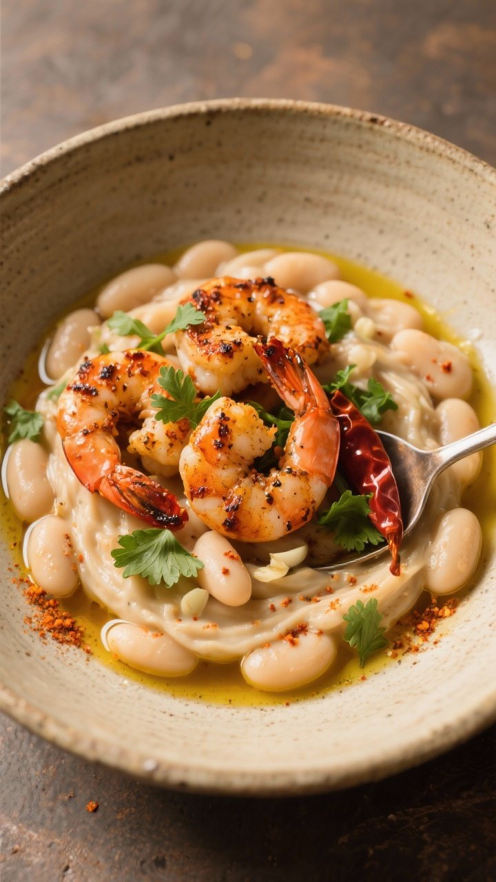 Overhead rustic bowl: chipotle-dusted shrimp nestled over creamy cannellini beans swirled with olive oil, hints of garlic powder and smoky paprika, garnished with chopped cilantro; chili-speckled oil puddling on the beans, shrimp slightly charred at the edges; warm, golden light on a stoneware bowl with a spoon trailing through the beans.