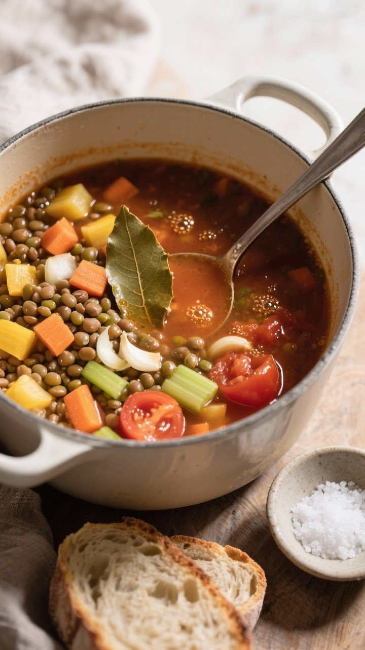 Overhead rustic pot shot: cozy vegetable lentil soup gently simmering—brown/green lentils, diced yellow onion, carrots, celery, minced garlic, and canned diced tomatoes in a tomato-tinged broth; bay leaf peeking out, tiny bubbles at the surface; ladle resting on the side, sliced crusty bread and a small dish of sea salt nearby; soft afternoon light for a homestyle mood.