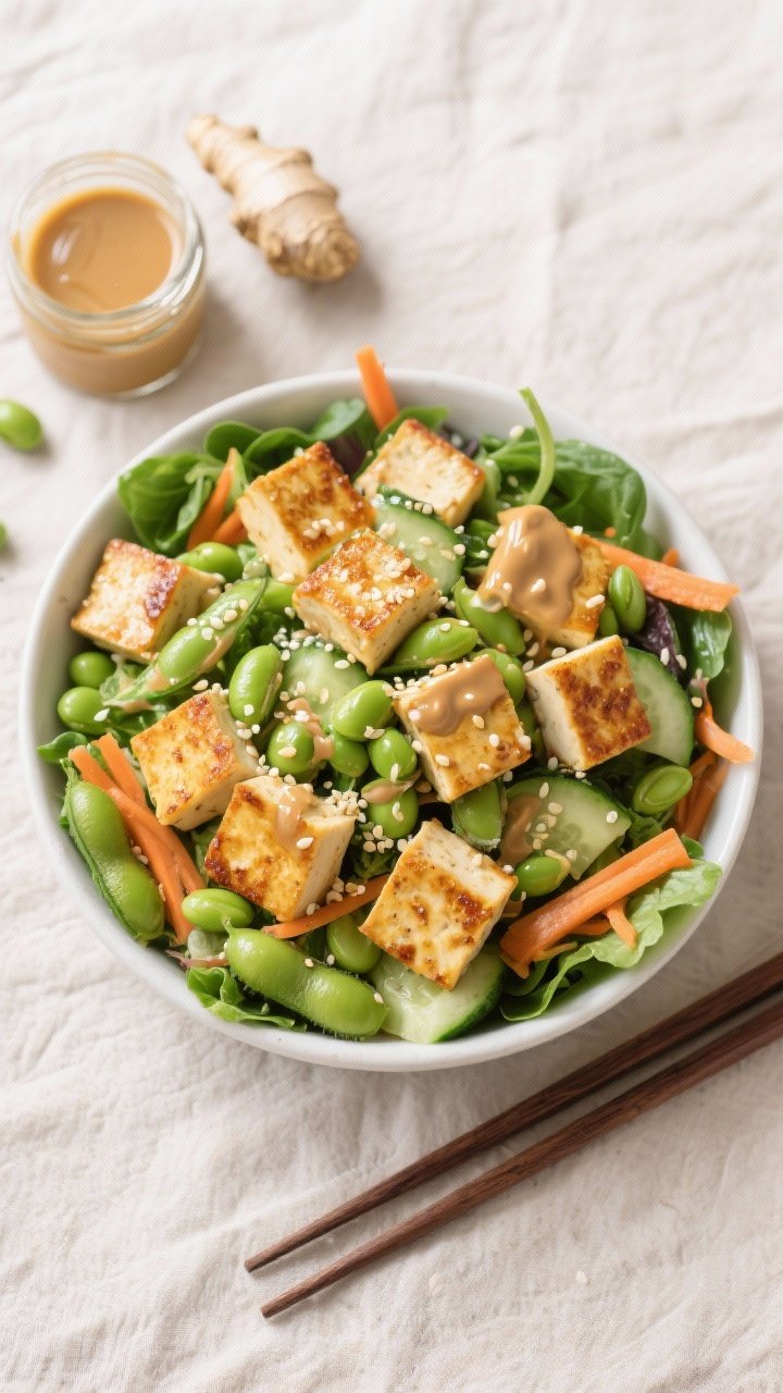 Overhead salad bowl of tofu and edamame power salad with miso-ginger dressing: golden pan-seared extra-firm tofu cubes (marinated in soy/tamari, sesame oil, light cornstarch dusting) tossed with bright green shelled edamame, crisp leafy greens, shredded carrots, and cucumbers. Drizzle of glossy miso-ginger dressing, sesame seeds sprinkled. Include a small jar of dressing, a microplane/ginger knob as prop, and chopsticks on a neutral linen, clean and energetic.