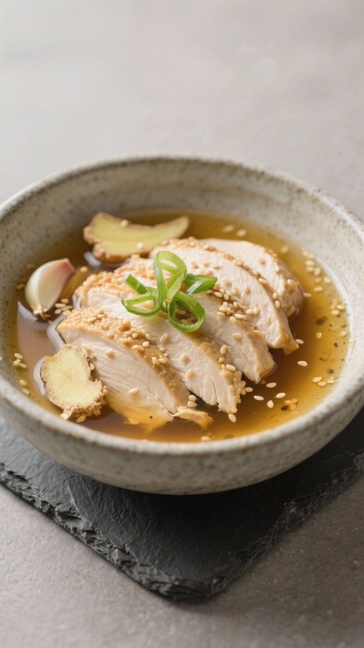 Overhead serene bowl of miso-ginger poached chicken: tender sliced chicken breasts bathed in clear golden low-sodium chicken broth infused with white miso, sliced fresh ginger, smashed garlic cloves, low-sodium soy sauce/tamari, and a hint of rice vinegar; garnished with sesame seeds and sliced scallions; minimalist Japanese-inspired styling, matte stone bowl on slate, soft diffused lighting to convey warmth.