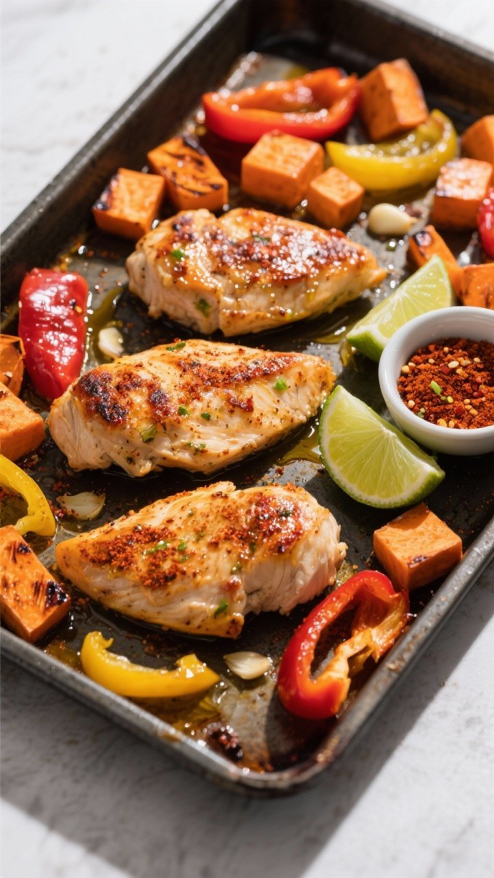Overhead sheet-pan action shot: chili-lime chicken breasts roasted alongside cubed orange sweet potatoes and sliced red and yellow bell peppers, lightly charred edges, glistening with olive oil, dusted with chili powder, smoked paprika, and garlic powder; lime wedges and a small bowl of chili-lime seasoning on the side; bright, high-contrast lighting on a dark metal pan for a zesty, weeknight vibe.