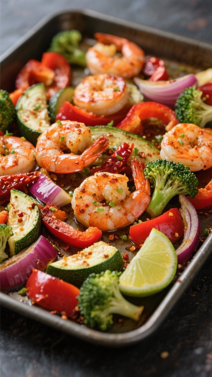 Overhead sheet pan action shot: Chili-lime shrimp just out of the oven, glistening with olive oil and chili powder, tossed with sliced red bell pepper, half-moon zucchini, red onion wedges, and bright broccoli florets. Lime zest sprinkled on top, a cut lime on the side. Vibrant “veggie confetti” colors, caramelized edges, minimal props on a dark metal sheet pan for contrast.