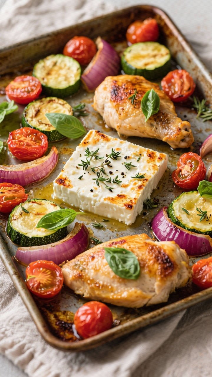 Overhead sheet-pan capture: Baked feta chicken with zucchini half-moons, burst cherry tomatoes, and red onion wedges, all roasted together with olive oil and herbs. A 6 oz block of feta, edges caramelized, sits in the center, showered with oregano and black pepper; torn basil scattered post-bake. Golden edges, tomato juices mingling with feta, rustic pan on a linen.