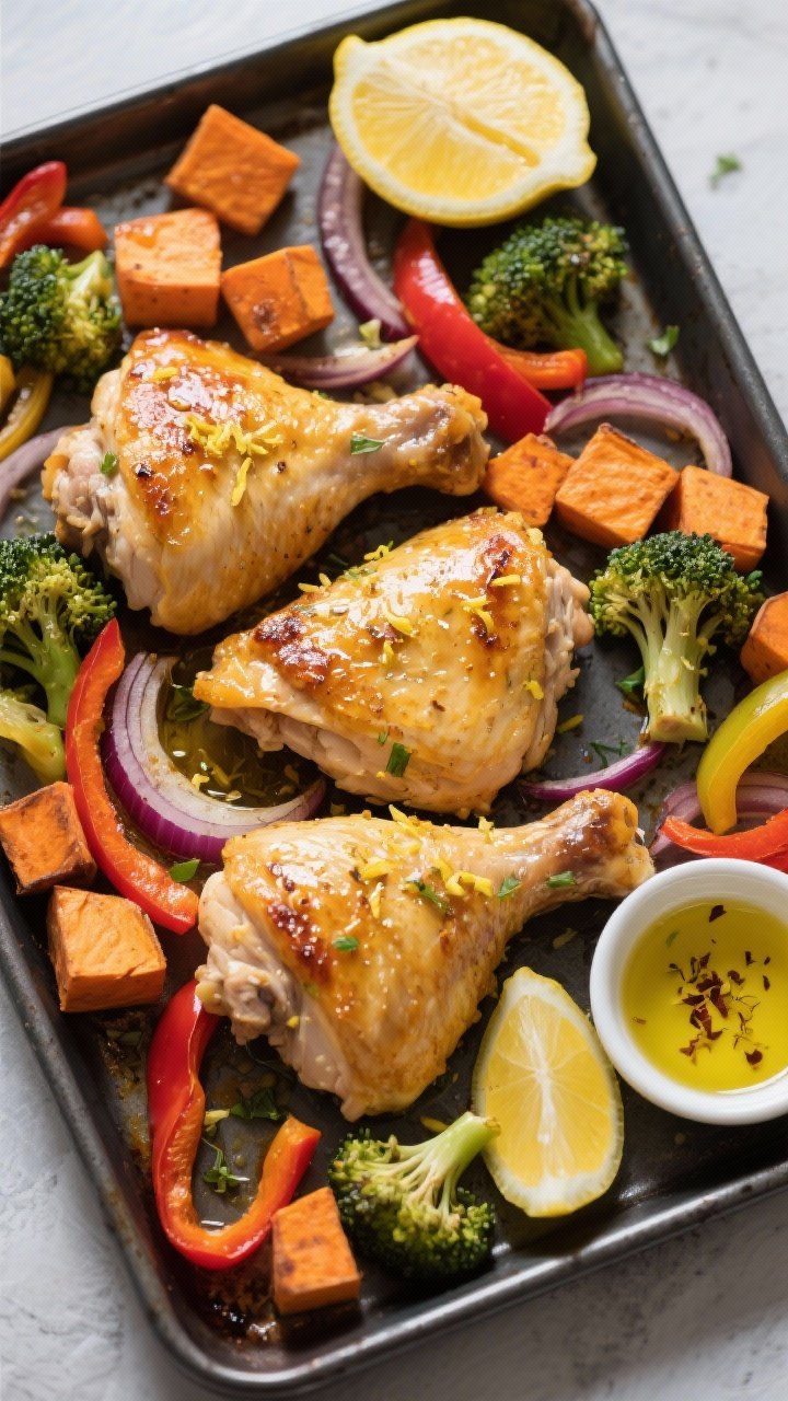 Overhead sheet-pan dinner shot: golden roasted boneless skinless chicken thighs glazed with lemon zest and juice, nestled among cubed sweet potatoes, sliced red onion, mixed-color bell pepper strips, and broccoli florets, all glistening with olive oil and herbs on a dark metal sheet pan; lemon halves and a small bowl of olive oil with scattered zest on the side; bright, meal-prep mood, crisp textures, high-contrast lighting, no people.