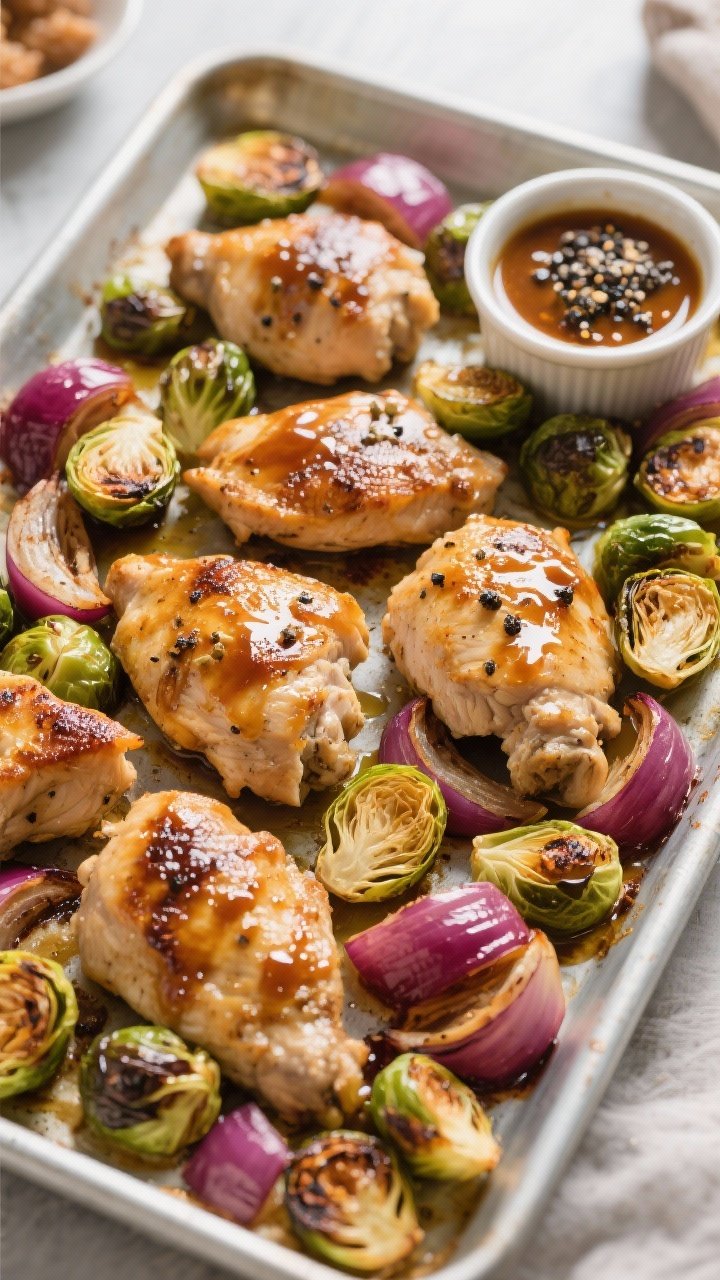 Overhead sheet-pan maple-Dijon chicken and Brussels sprouts: chunky pieces of boneless skinless chicken thighs (or breasts) caramelized with a maple-Dijon glaze and olive oil, halved Brussels sprouts with crisped edges, red onion wedges softened and charred; glossy roasted finish, extra glaze in a ramekin, coarse black pepper visible.