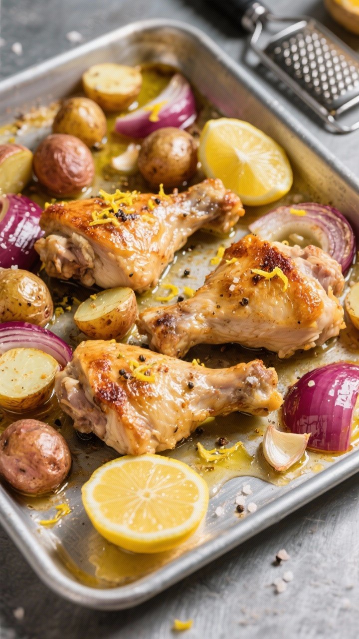 Overhead sheet-pan roast: golden-browned boneless skinless chicken thighs nestled with halved baby potatoes and red onion wedges on a rimmed metal sheet pan, lemon zest scattered and lemon halves squeezed, glossy from 3 tbsp olive oil, sprinkled with salt, black pepper, and minced garlic; caramelized edges, sizzling juices pooling, set on a brushed steel surface with a zester and microplane nearby; bright, zesty, rustic weeknight vibe, professional lighting, no people.