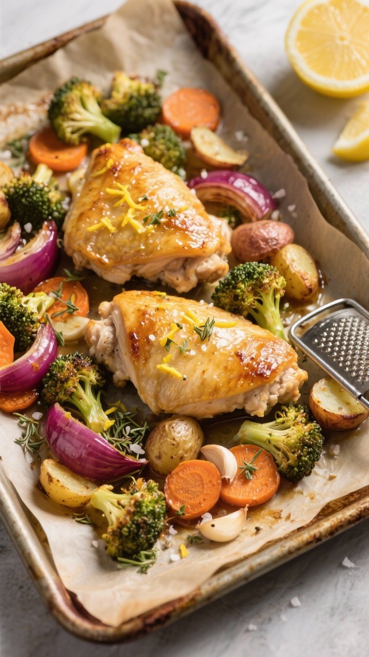 Overhead sheet pan scene: golden roasted boneless skinless chicken thighs glazed with lemon zest and juice, nestled among caramelized mixed veggies (broccoli florets, red onion wedges, carrot coins, and baby potatoes) lightly blistered; visible minced garlic, dried oregano and thyme flecks on chicken, olive oil sheen, kosher salt crystals; lemon halves and a microplane zester off to the side; warm, natural light on a parchment-lined rimmed pan set on a rustic baking sheet, crisp edges and juicy texture emphasized.