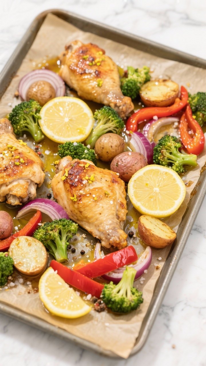 Overhead sheet-pan scene: golden roasted boneless skinless chicken thighs with visible lemon zest, halved baby potatoes blistered and crisp, bright green broccoli florets, red bell pepper strips, and red onion wedges, all glistening with olive oil; thin lemon slices tucked among the vegetables, sprinkled sea salt and cracked pepper, on a parchment-lined rimmed sheet pan atop a light marble surface; clean, bright, family-friendly mood.