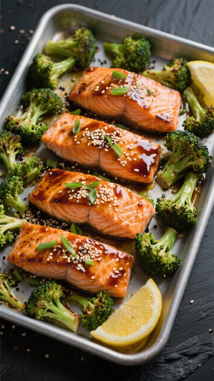 Overhead sheet-pan scene of miso-ginger salmon with roasted broccoli: four salmon fillets (skin-on) brushed with a glossy miso-ginger glaze, edges caramelized; charred-tipped broccoli florets tossed with olive oil, kosher salt, and black pepper surrounding the fillets; sesame seeds and thin scallions sprinkled on top, lemon wedges on the side; crisp contrast between coral salmon and vibrant green broccoli, clean metal pan on a dark slate backdrop.