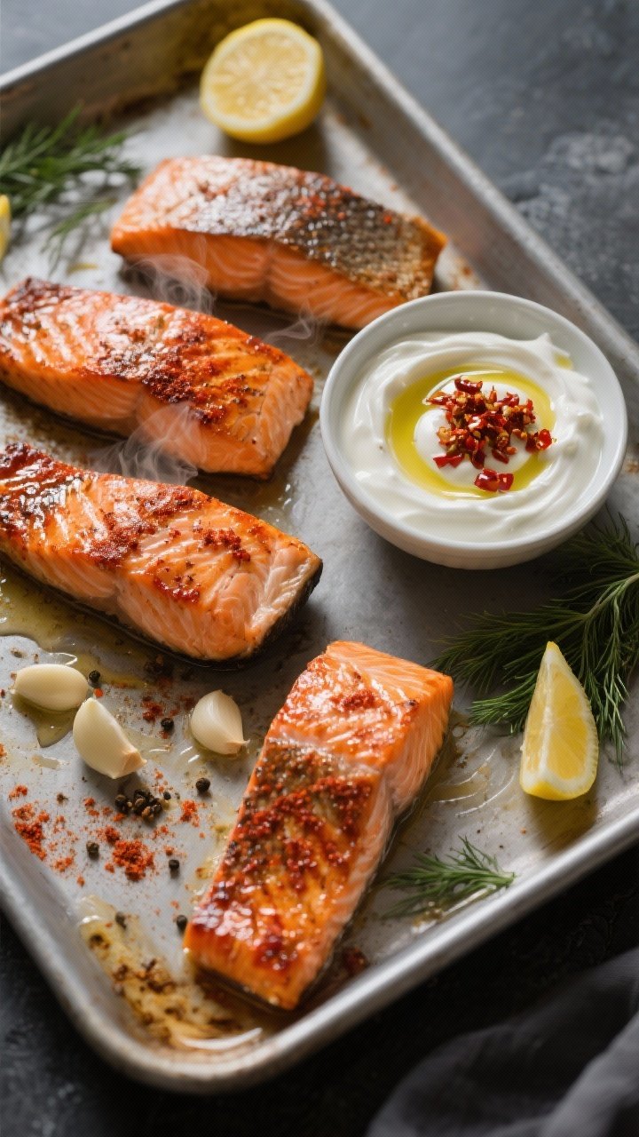 Overhead sheet-pan scene of smoky roasted salmon: four glistening salmon fillets brushed with olive oil, seasoned with smoked paprika, ground cumin, garlic powder, kosher salt, and black pepper, edges lightly caramelized. A small bowl of garlicky yogurt (thick Greek yogurt with minced garlic and a squeeze of lemon) swirled and topped with a glossy chili crunch drizzle sits on the pan, with lemon wedges and scattered fresh dill. Neutral rimmed sheet pan on a matte charcoal surface, soft side lighting for texture, steam faintly visible, crisp skin detail on some fillets, vibrant red-orange paprika tones contrasted with cool white yogurt.