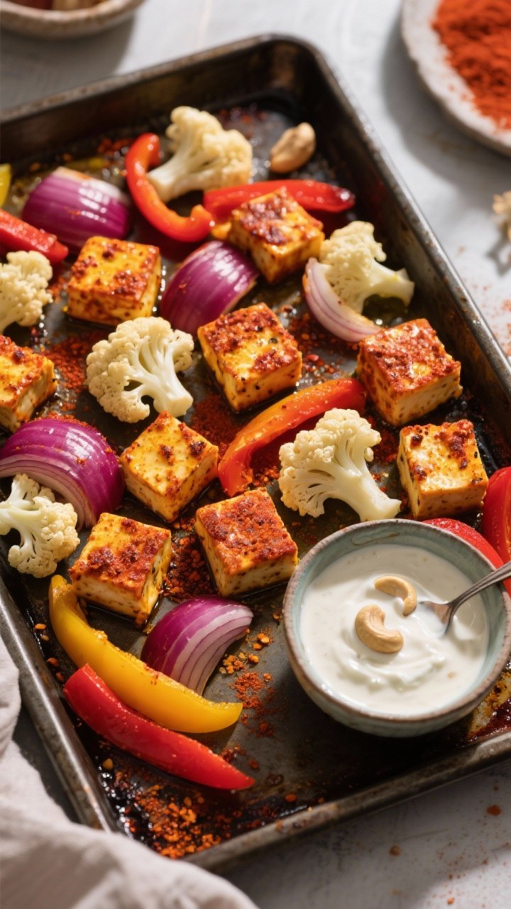 Overhead sheet-pan scene of tandoori tofu and vegetables before roasting: extra-firm tofu cubes marinated in Greek yogurt, tandoori masala, turmeric, and oil, arranged with colorful veg (cauliflower florets, red onion wedges, bell pepper strips) dusted with spices. A small bowl of creamy coconut cashew sauce on the side, with a spoon trail showing its silky texture. Vivid reds and yellows pop against a dark metal pan; bright directional light accentuates spice crust potential.
