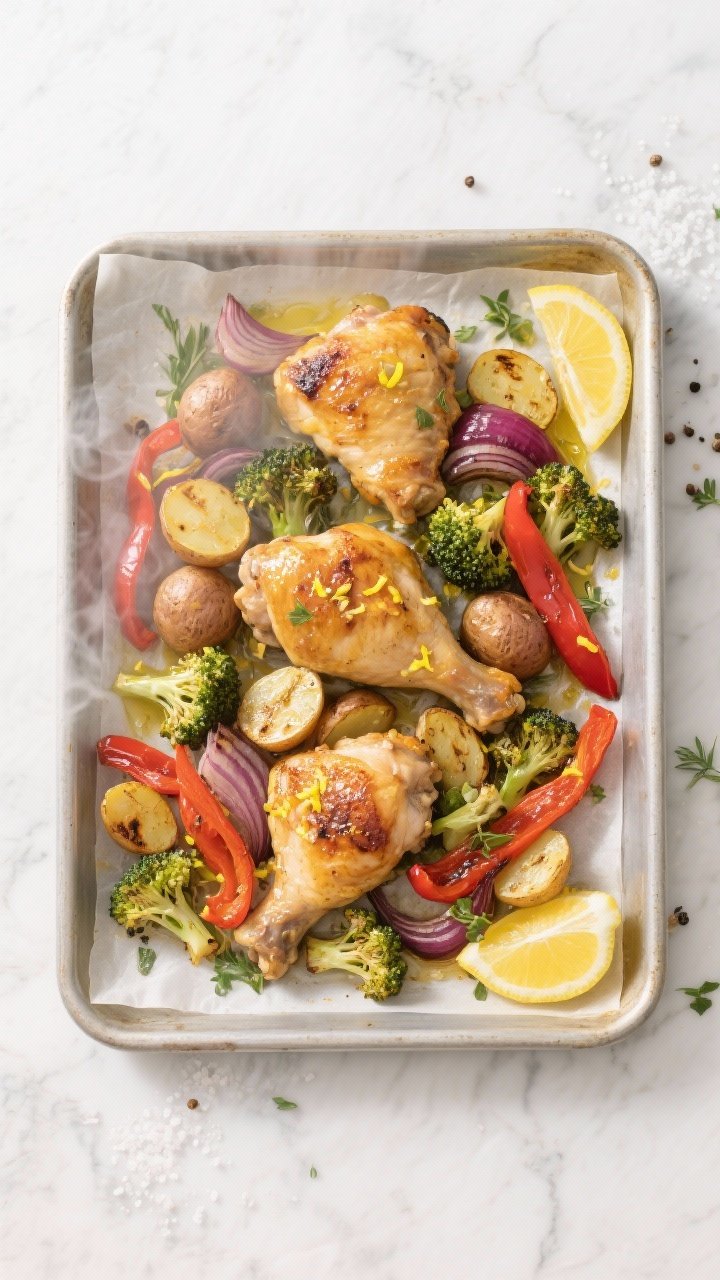 Overhead sheet-pan shot: golden roasted boneless skinless chicken thighs with blistered baby potatoes (halved), charred broccoli florets, red bell pepper strips, and caramelized red onion, all glistening with olive oil, lemon zest, and fresh lemon juice; scattered fresh herbs, lemon wedges on the pan, coarse salt and cracked pepper visible; bright, clean light on a parchment-lined rimmed sheet pan atop a light marble surface, steam subtly rising.