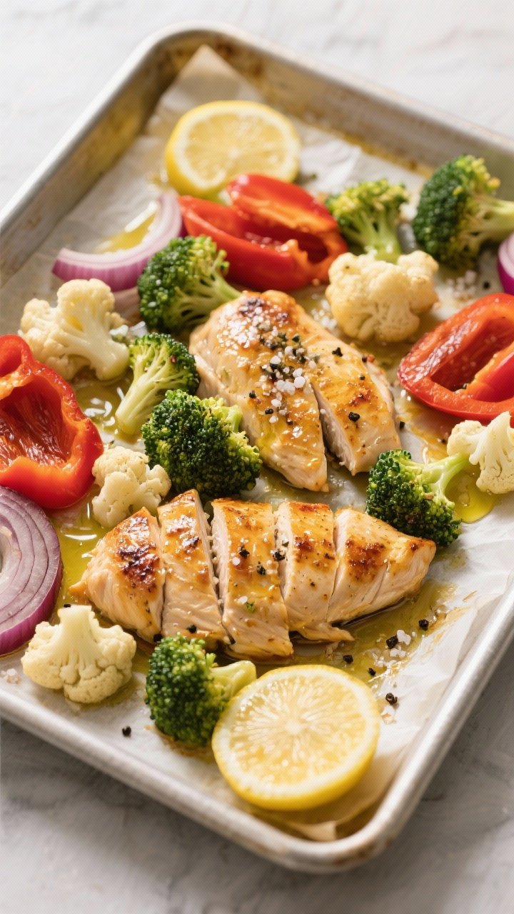 Overhead sheet-pan shot: lemon-marinated chicken breast strips roasting alongside broccoli florets, cauliflower florets, sliced red bell pepper, and red onion on a parchment-lined rimmed pan; glistening extra-virgin olive oil, coarse salt, black pepper, and lemon wedges scattered; golden caramelized edges and vibrant veggie colors; natural daylight, minimal rustic styling, no people.