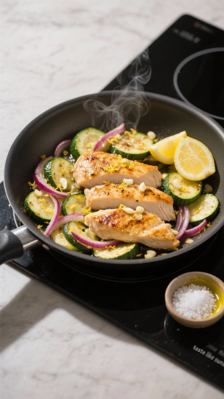 Overhead shot of a bright lemon-garlic chicken and zucchini skillet on a matte black stovetop: thinly sliced boneless skinless chicken breasts seared golden with minced garlic, half-moon zucchini and thin red onion strands, lemon zest sprinkled, lemon wedges and a small dish of coarse sea salt at the side; glossy olive oil sheen, steam rising, sunlit “taste like sunshine” vibe, clean modern pan, no people.