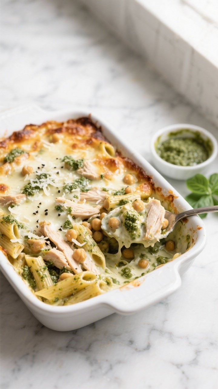 Overhead shot of a bubbling creamy pesto chicken protein pasta bake in a white enamel casserole dish on a marble surface: chickpea or lentil penne coated in a silky sauce made from basil pesto, plain Greek yogurt, and a little low-sodium cheese, with generous shreds of rotisserie chicken throughout. Golden, lightly browned top with melted cheese pockets, flecks of green pesto, and a sprinkle of grated Parmesan and cracked black pepper. A serving spoon lifts a portion to show the creamy, stretchy texture; small bowl of extra pesto and a few fresh basil leaves on the side. Soft natural window light, Italian-comfort mood.