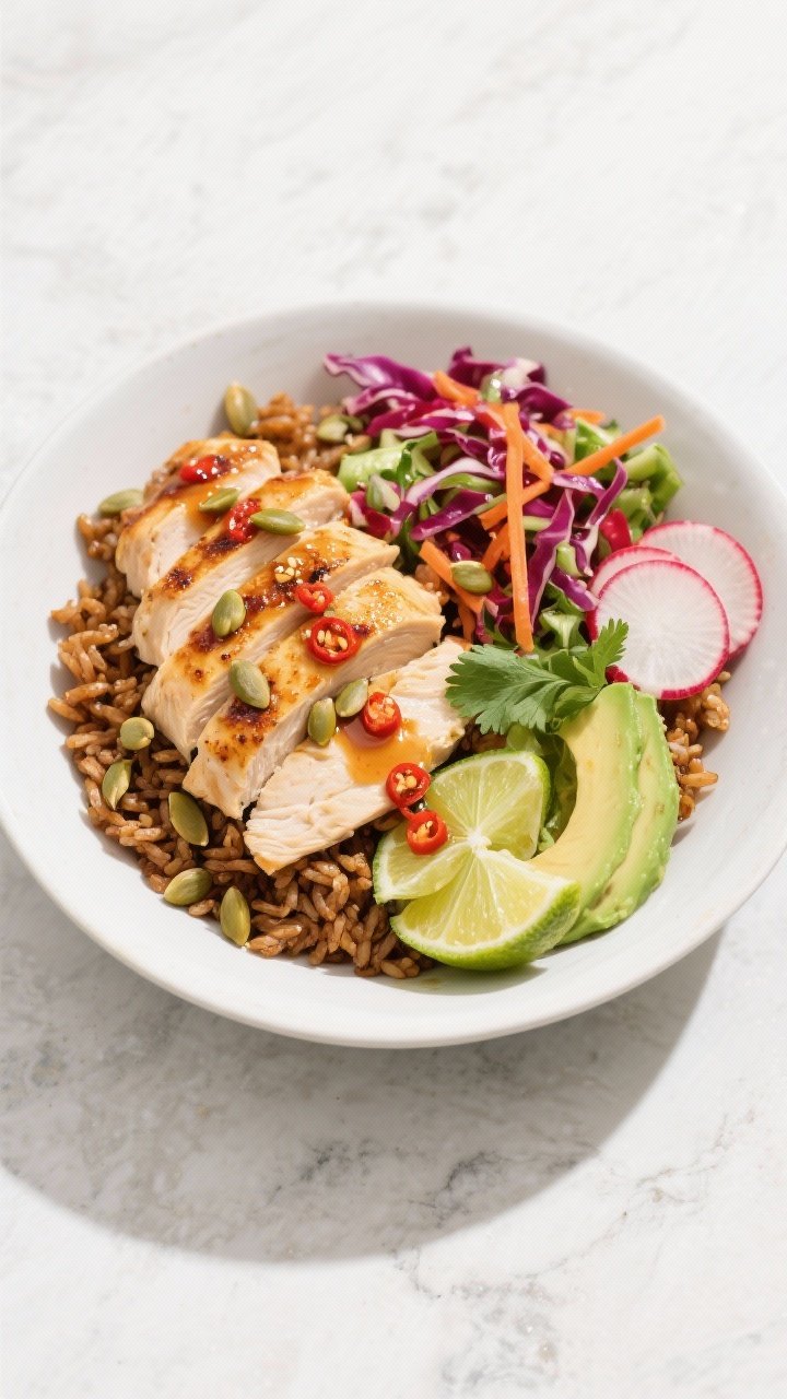 Overhead shot of a Chili-Lime Chicken Power Bowl: sliced chili-lime grilled chicken breast fanned over warm brown rice, crunchy red and green cabbage slaw with shredded carrots, thinly sliced radishes, avocado slices, cilantro, and lime wedges. Drizzle of chili-lime vinaigrette glistening on the chicken, sprinkled toasted pepitas, served in a matte white bowl on a light stone surface; bright, zesty, high-contrast colors, no people, professional studio lighting.