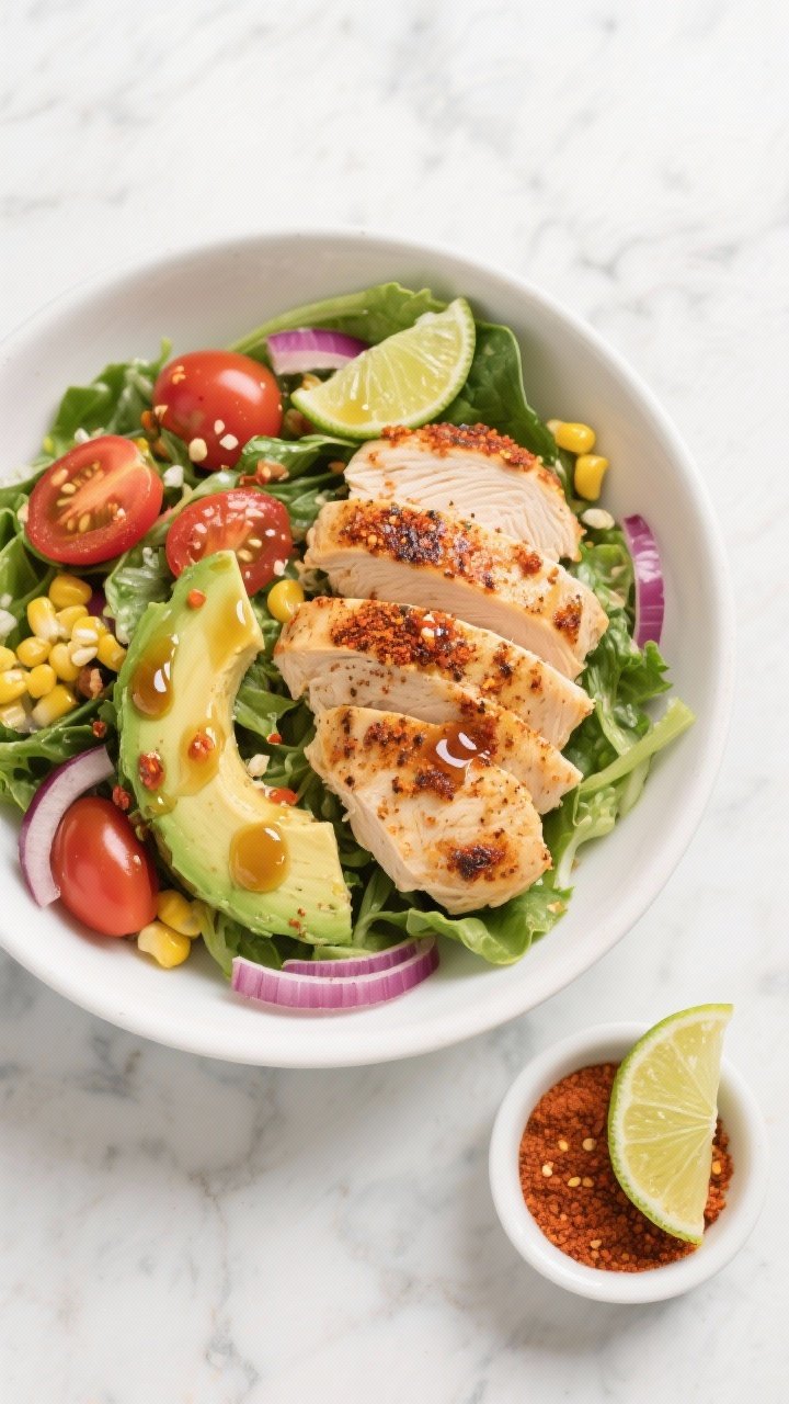 Overhead shot of a chili-lime chicken salad bowl: sliced grilled chicken breasts seasoned with chili powder, ground cumin, smoked paprika, garlic powder, and kosher salt, arranged over mixed greens with avocado, cherry tomatoes, corn, and red onion, drizzled with a glossy chili-lime olive oil dressing; vibrant, zesty colors on a matte white bowl set on a light marble surface, small ramekin of chili powder and lime wedges nearby, crisp textures, bright daylight, no people.