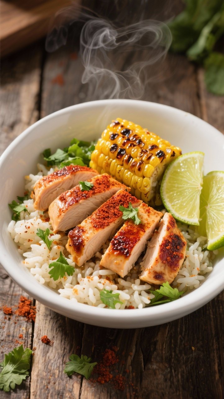 Overhead shot of a Chipotle-Lime Power Bowl: sliced grilled chicken breast strips rubbed with chipotle chili powder, smoked paprika, cumin, garlic and onion powder, arranged over fluffy cilantro-lime rice with charred street corn, lime wedges, and a sprinkle of fresh cilantro; smoky, vibrant reds and yellows, served in a wide white bowl on a rustic wood surface, soft natural side light, steam visible, Mexican-inspired styling.