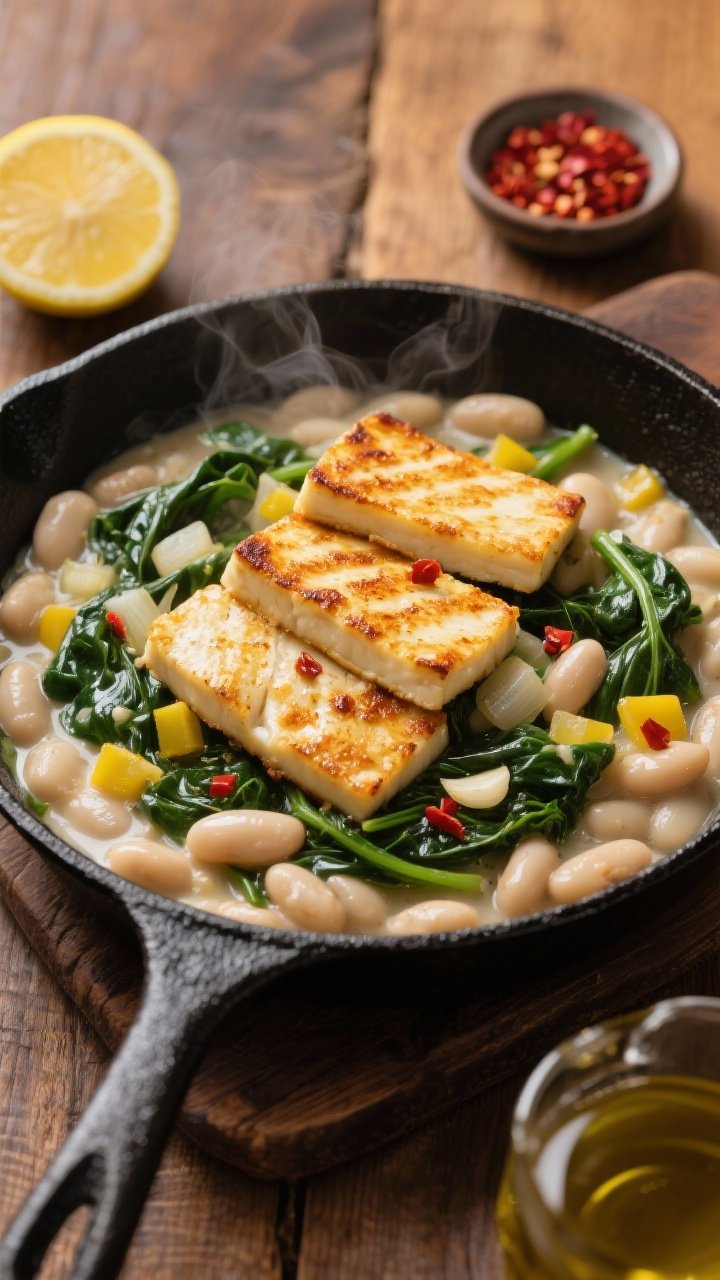 Overhead shot of a creamy Tuscan white bean and spinach skillet: cannellini beans simmered with diced yellow onion, minced garlic, crushed red pepper flakes, and a glossy extra-virgin olive oil sheen, dotted with wilted spinach. On top, golden-brown 1/2-inch planks of crispy halloumi arranged slightly offset, edges blistered. Styled in a black cast-iron skillet on a warm wood table with a small dish of red pepper flakes, a cut lemon, and a drizzle of olive oil nearby; rustic Italian mood, steam visible, no people.