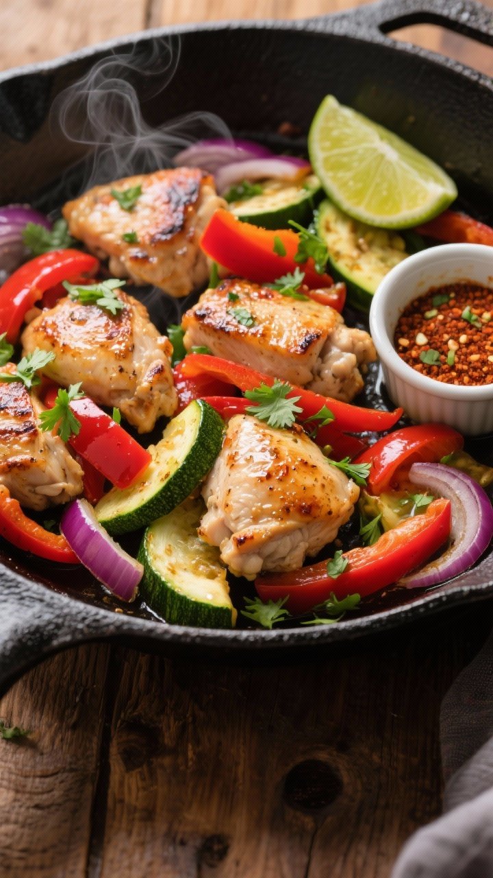 Overhead shot of a one-pan chili-lime chicken and veg skillet sizzling in a black cast-iron pan: bite-size boneless skinless chicken thigh pieces seared with light char, glossy from olive oil, tossed with sliced red bell pepper, zucchini half-moons, and thin red onion crescents; lime wedges and a small ramekin of chili-lime seasoning on the side, cilantro scattered over top. Bright, zesty mood with vibrant reds, greens, and purples; steam visible; styled on a warm wood surface, no people, professional lighting emphasizing juicy chicken and crisp-tender vegetables.