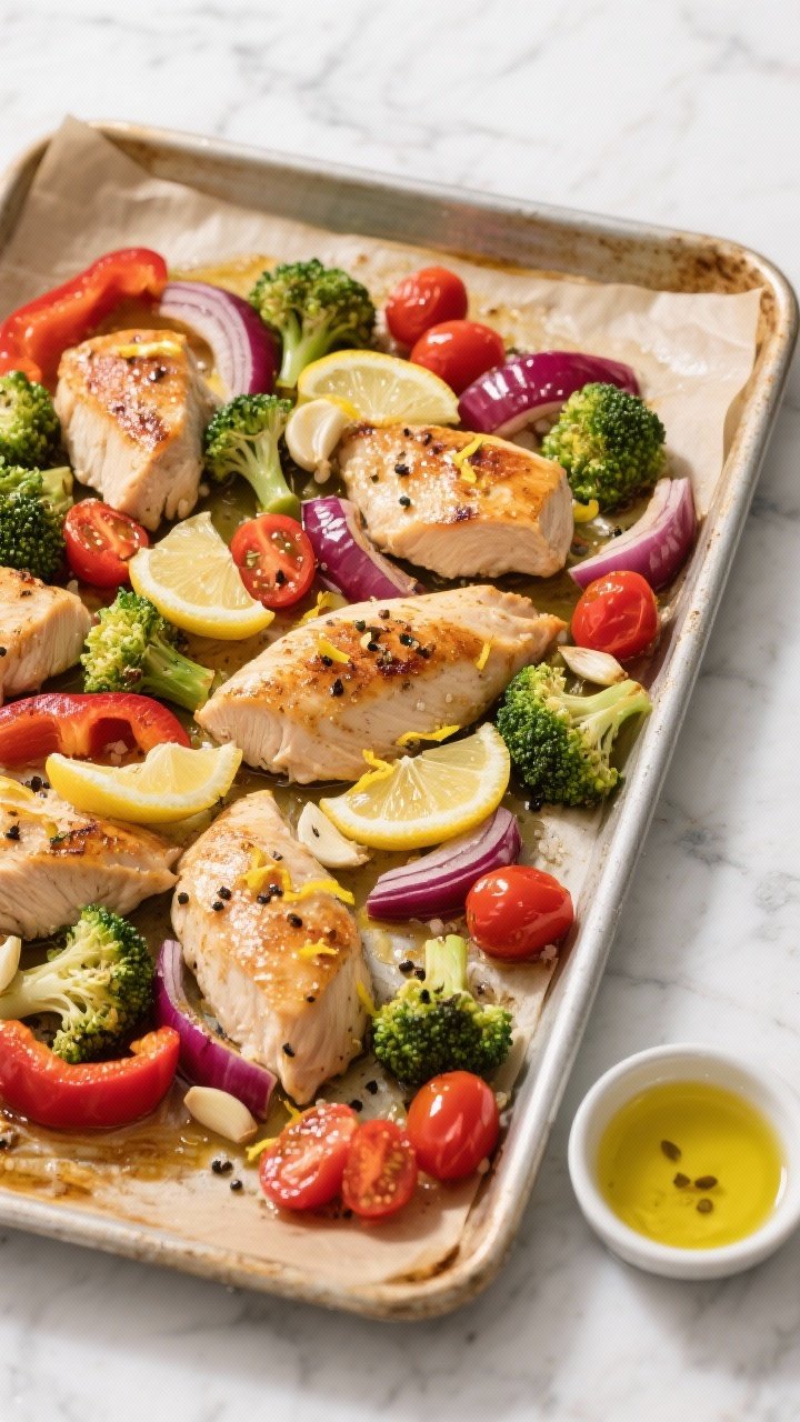 Overhead shot of a sheet pan Lemon Garlic Chicken and Veggie Power Tray fresh from the oven: 1-inch chunks of boneless skinless chicken breasts roasted with broccoli florets, sliced red bell pepper, red onion wedges, and whole cherry tomatoes, all glistening with olive oil, lemon zest and slices, minced garlic, cracked black pepper, and a sprinkle of kosher salt; golden caramelized edges, bright greens and reds, served on a parchment-lined pan atop a light marble surface with a small bowl of lemon-garlic olive oil on the side; clean, vibrant, high-contrast lighting.