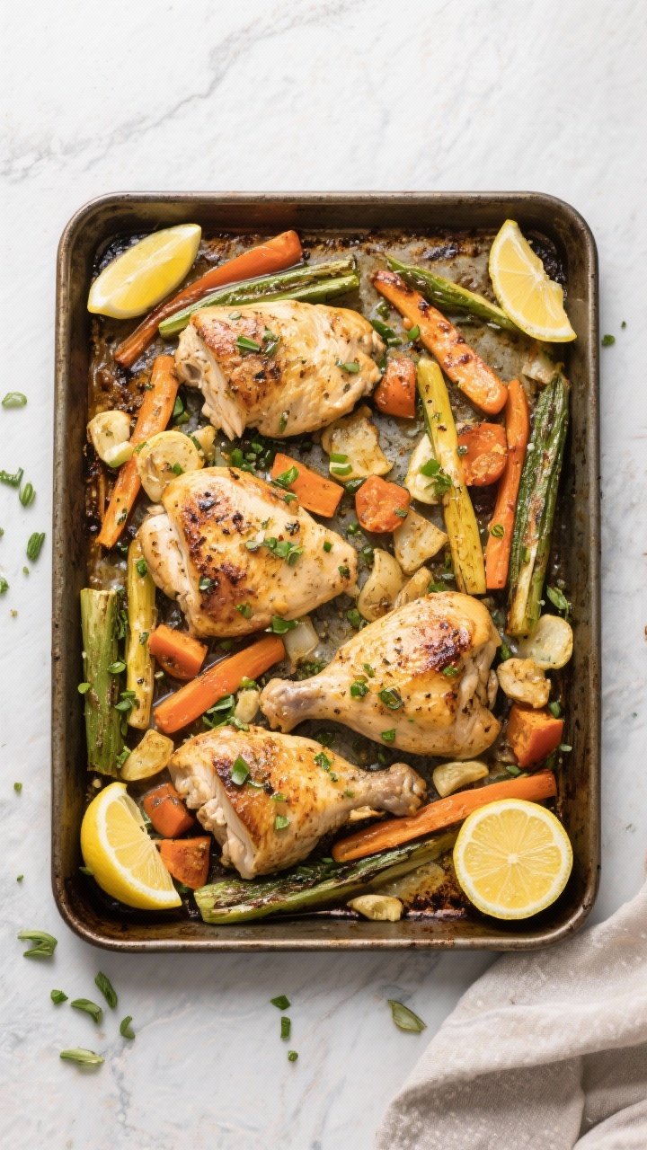 Overhead shot of a sheet pan lemon-garlic chicken and veggies just out of the oven:
