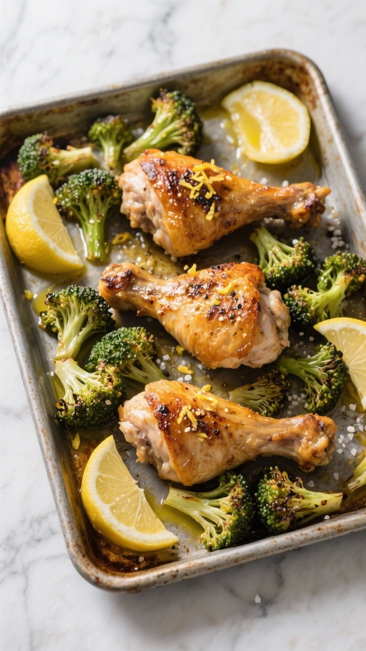 Overhead shot of a sheet pan straight from the oven: crispy bone-in, skin-on chicken thighs with golden blistered skin, nestled among roasted broccoli florets. Lemon zest glitters on the chicken, with lemon wedges tucked around the pan. Drizzles of olive oil catch the light; visible coarse salt and pepper on the skin. Rustic metal sheet pan on a light marble surface, minimal props, high-contrast natural light to emphasize crackling skin and charred broccoli tips.