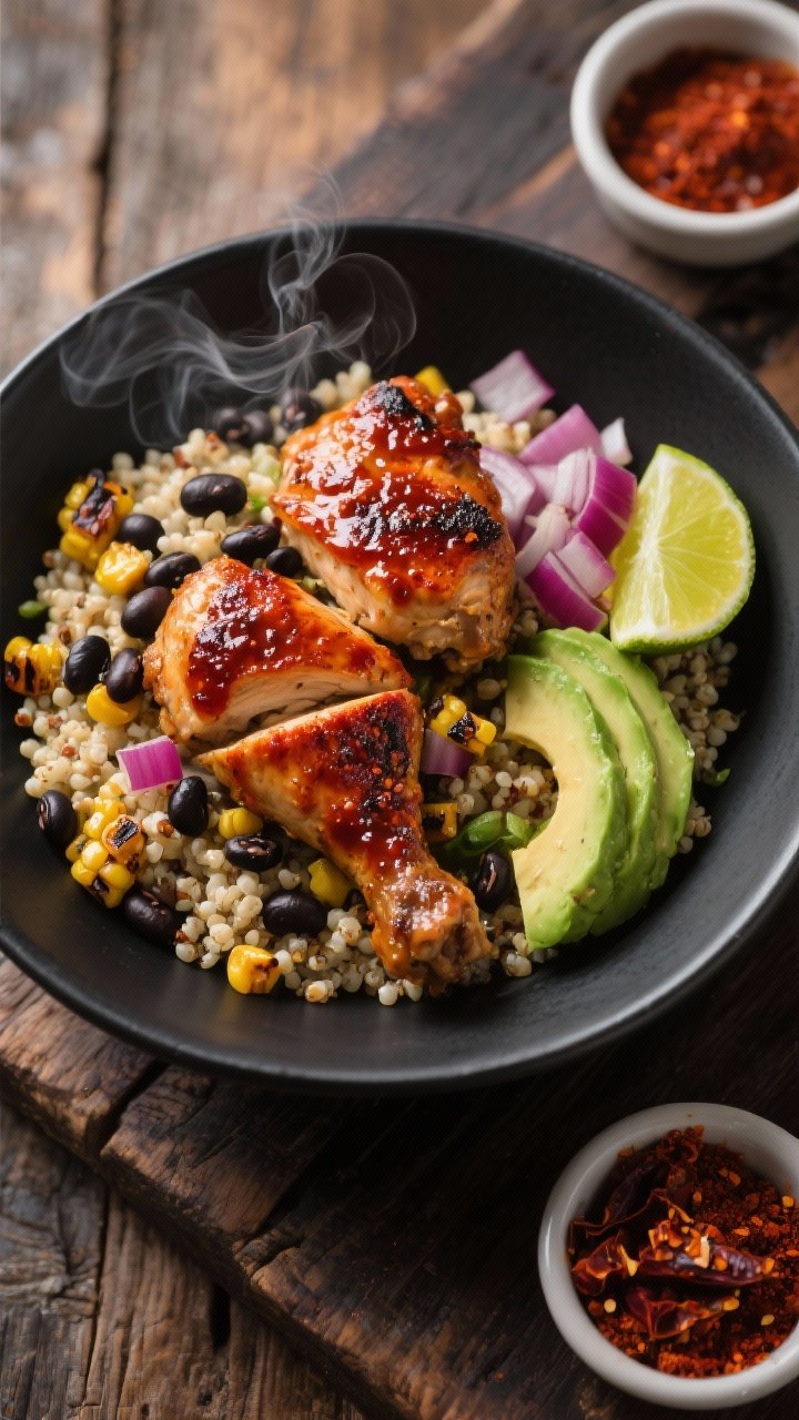 Overhead shot of a smoky chipotle chicken, black bean and quinoa power bowl: seared chicken thigh pieces coated in chipotle in adobo and adobo sauce with smoked paprika and ground cumin, nestled over fluffy quinoa with black beans, charred corn, diced red onion, avocado slices, and a lime wedge; glossy olive oil sheen, warm earthy reds and browns, steam rising; styled in a matte black bowl on a rustic wood surface with a small ramekin of minced chipotle on the side; professional lighting emphasizing the smoky glaze.