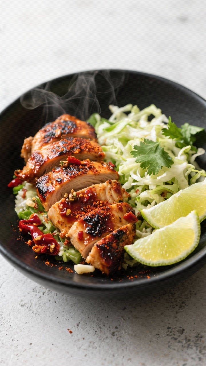 Overhead shot of a smoky chipotle chicken power bowl: sliced charred chicken thighs glazed with minced chipotle peppers in adobo and a touch of adobo sauce, dusted with smoked paprika, cumin, and garlic powder, nestled beside a crisp lime slaw with shredded cabbage and cilantro, lime wedges on the side; served in a wide matte black bowl over a light concrete surface, glossy sheen from 2 tbsp olive oil, vibrant reds and greens, steam subtly rising, professional soft daylight, no people.