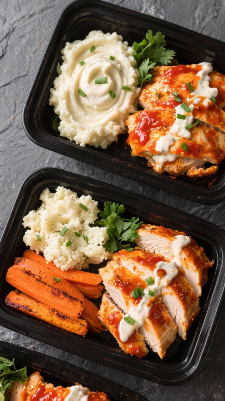 Overhead shot of Buffalo Ranch Chicken meal prep: sliced chicken breasts coated in Frank’s-style hot sauce and butter with garlic and onion powder, hints of smoked paprika; creamy garlic cauliflower mash swirled with chives, roasted carrots with light char; drizzle of ranch over the buffalo chicken, sprinkled with parsley; bold orange and white color contrast in black meal-prep containers on slate.