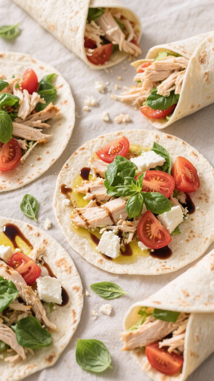 Overhead shot of caprese chicken salad wraps mid-assembly: tortillas laid out with shredded rotisserie chicken, halved cherry tomatoes, diced fresh mozzarella, torn fresh basil, a drizzle of olive oil and glossy streaks of balsamic; a few finished wraps sliced on the bias revealing colorful cross-sections; crumbs of mozzarella and basil leaves scattered artfully, summery Italian mood, neutral linen backdrop.