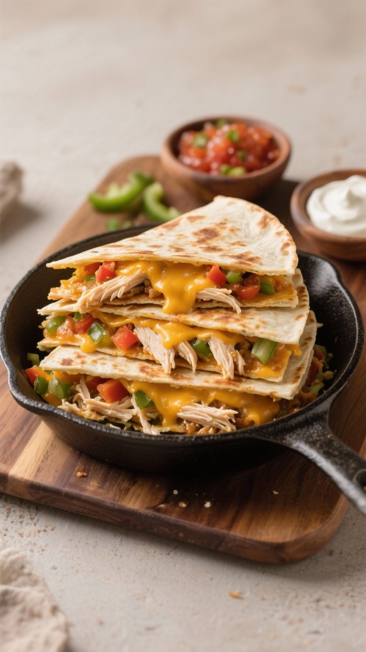 Overhead shot of cheesy chicken quesadilla stacks on a cast-iron skillet, layers visible with shredded rotisserie chicken, melted cheddar/Mexican blend and mozzarella oozing, finely chopped bell pepper and hidden finely chopped veggies tucked between tortillas; golden-brown crisp edges, a sprinkle of extra cheese on top, served with small bowls of salsa and sour cream on a wooden board, warm, family-friendly mood, no hands.
