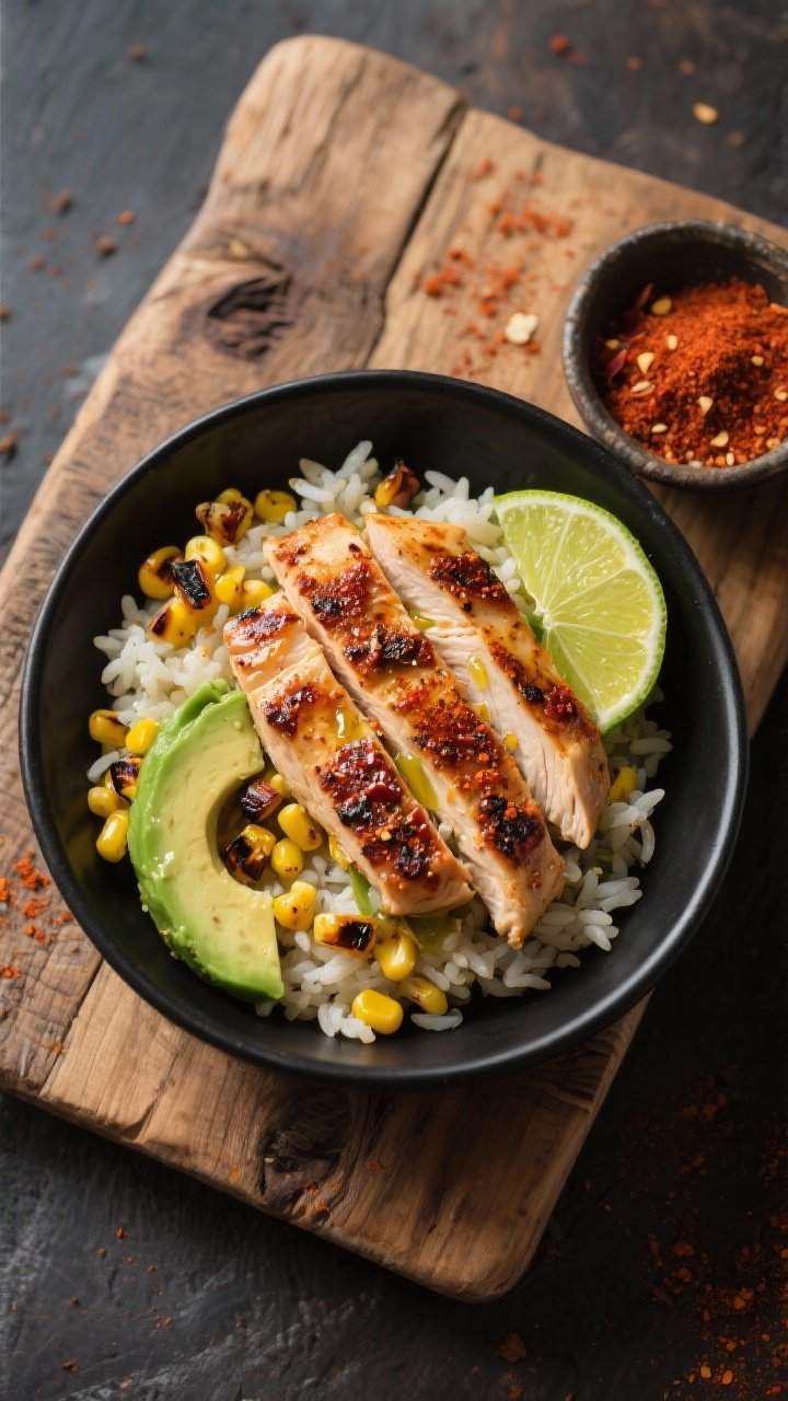 Overhead shot of Chili-Lime Chicken Bowls: sliced chili-spiced chicken breast strips seared with a light char, nestled over fluffy rice with charred corn kernels, creamy avocado slices, and lime wedges; seasoning dusting of chili powder, cumin, smoked paprika, and garlic powder visible on the chicken; drizzle of olive oil sheen; vibrant, zesty Southwestern color palette on a matte black bowl set over a rustic wooden board, small bowl of extra chili-lime spice blend on the side, no people.