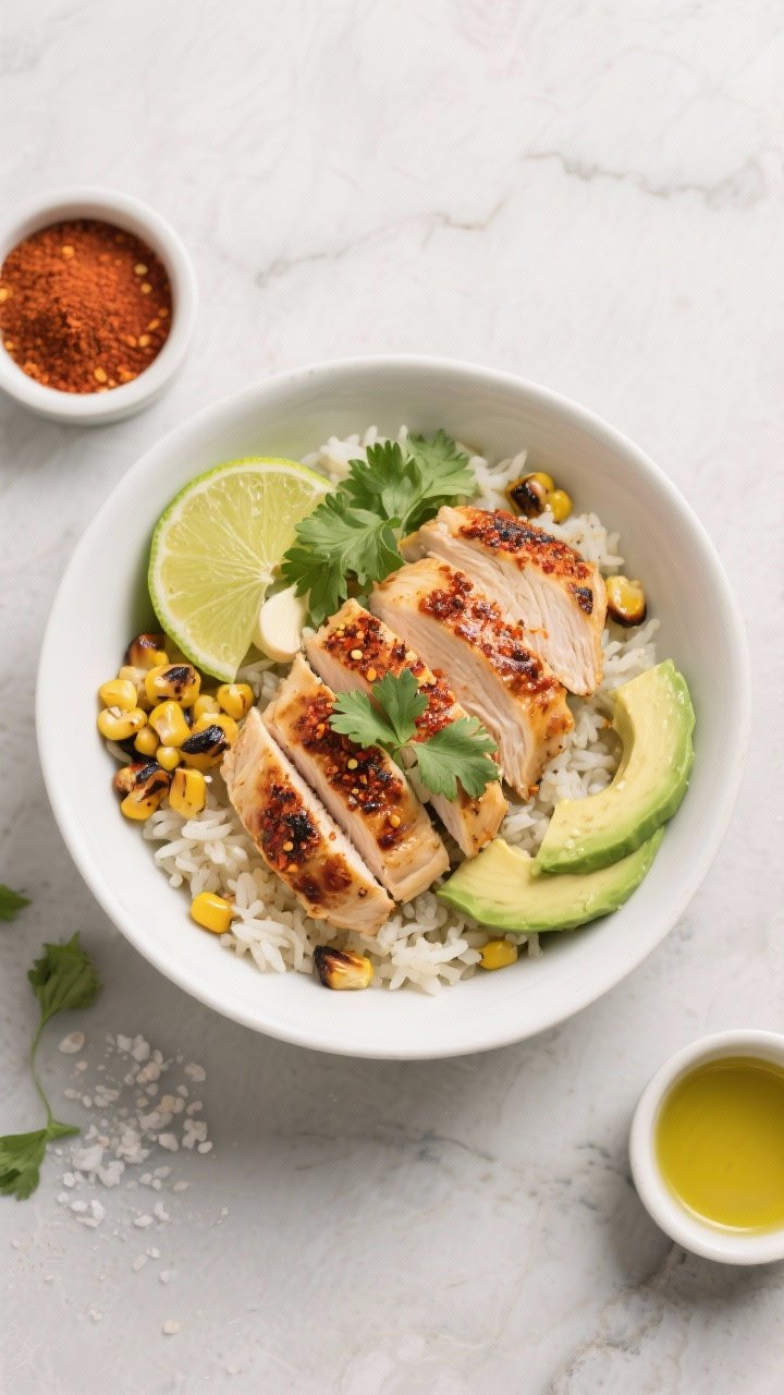Overhead shot of chili-lime chicken bowls: thinly sliced chili-rubbed chicken breasts seared with light char, nestled over steamed rice with charred corn kernels, creamy avocado slices, lime wedges, and a sprinkle of chili powder, cumin, smoked paprika, and garlic powder visible in tiny ramekins; olive oil sheen, kosher salt flakes, fresh cilantro garnish; bright, zesty mood on a white ceramic bowl set on a light stone surface.