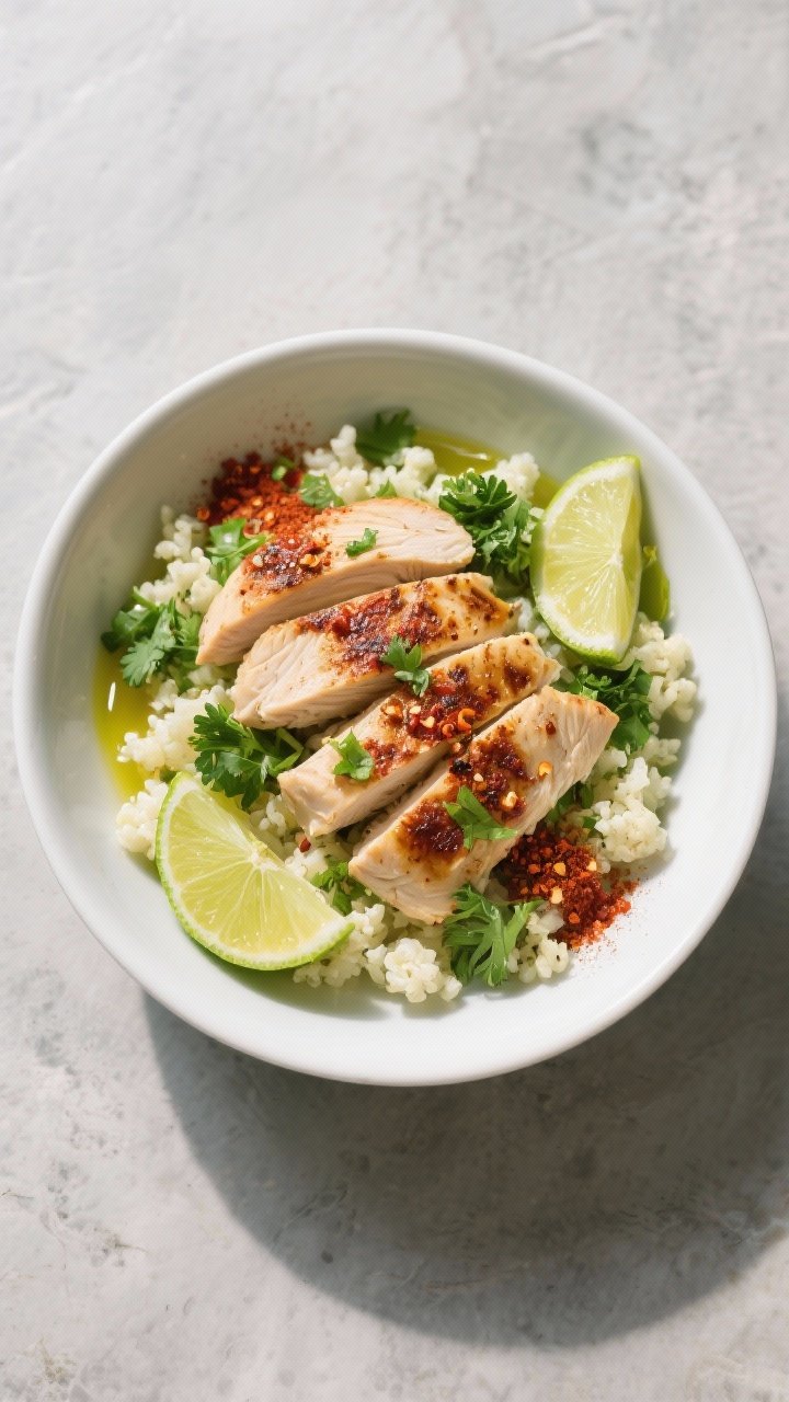 Overhead shot of chili-lime chicken bowls: thinly sliced chili-lime marinated chicken breast seared with a light char, served over fluffy cilantro cauliflower rice in a wide white bowl. Garnish with fresh lime wedges (zest visible), chopped cilantro, a sprinkle of chili powder, smoked paprika, ground cumin, and a dusting of garlic powder. Drizzle of olive oil catching light, vibrant green and warm red-brown spice tones on a matte stone surface, no people, professional styling, bright, zesty mood.