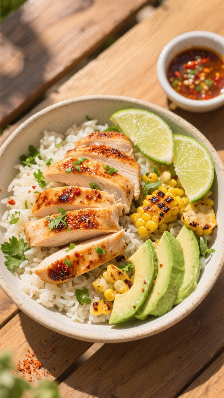 Overhead shot of Chili-Lime Chicken Bowls: thinly sliced boneless skinless chicken breast seared with a glossy chili-lime marinade (lime zest and juice, chili powder, ground cumin, smoked paprika, garlic powder, a touch of olive oil), arranged over fluffy cilantro-lime rice with avocado slices and grilled corn, garnished with fresh lime wedges and extra zest. Vibrant vacation mood, warm natural light, slight char on chicken edges, sprinkle of chili powder on top, styled on a sunlit wooden table with a small bowl of the zesty marinade off to the side.