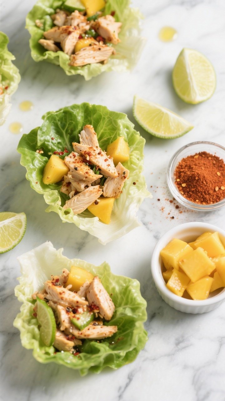 Overhead shot of Chili-Lime Chicken Lettuce Cups: butter lettuce leaves filled with finely diced sautéed chicken breast seasoned with chili powder, ground cumin, smoked paprika, garlic powder, salt and black pepper; garnished with fresh mango cubes for crunch, a squeeze of lime, and a light drizzle of olive oil. Styled on a cool marble surface with extra lime wedges, chili powder pinch bowl, and a small ramekin of chopped mango on the side. Bright, zesty mood, crisp textures, high contrast, no people.
