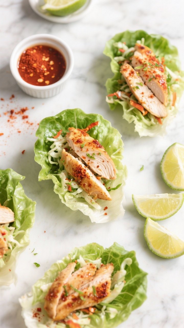 Overhead shot of chili-lime chicken lettuce wraps being assembled: thinly sliced sautéed chicken breast dusted with chili powder, fresh lime juice and zest glistening, nestled in crisp butter lettuce cups with a crunchy slaw. Include lime wedges, a small bowl of chili powder, scattered zest, and a drizzle-ready ramekin of lime-chili dressing on a light marble surface. Vibrant greens and reds, juicy chicken texture, no people, bright natural light.