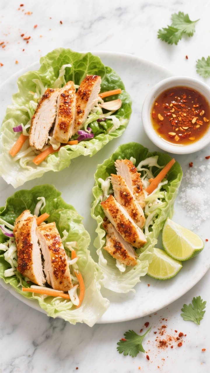Overhead shot of Chili-Lime Chicken Lettuce Wraps: thinly sliced sautéed chicken breast glistening with chili powder, ground cumin, smoked paprika, minced garlic, olive oil, and a squeeze of lime, tucked into crisp butter lettuce cups. Include a crunchy slaw with shredded cabbage and carrots, lime wedges, a pinch of kosher salt, and a small bowl of chili-lime sauce on the side. Styled on a light marble surface with scattered cilantro and chili flakes, vibrant, fresh, high-contrast lighting.