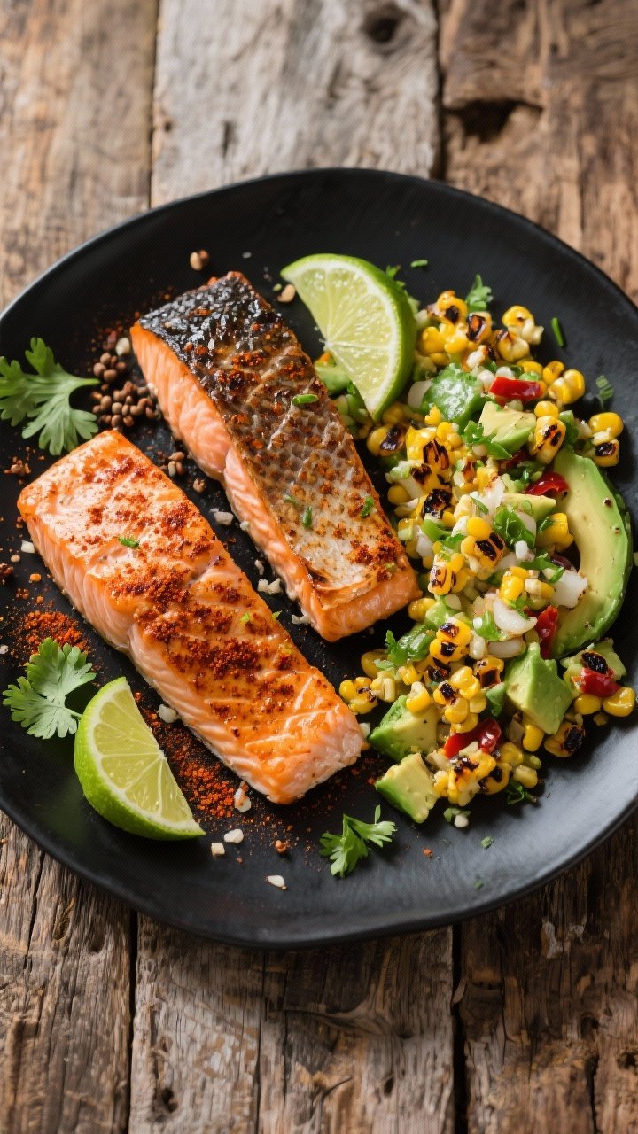 Overhead shot of chili-lime salmon fillets just off the grill, skin-on with a smoky char, dusted with chili powder, smoked paprika, cumin, garlic powder, kosher salt, and black pepper; plated with a vibrant charred corn and avocado salsa tossed with lime zest and juice; garnished with lime wedges and cilantro on a matte black platter over a rustic wooden table, bright, zesty mood, crisp highlights on avocado and corn.