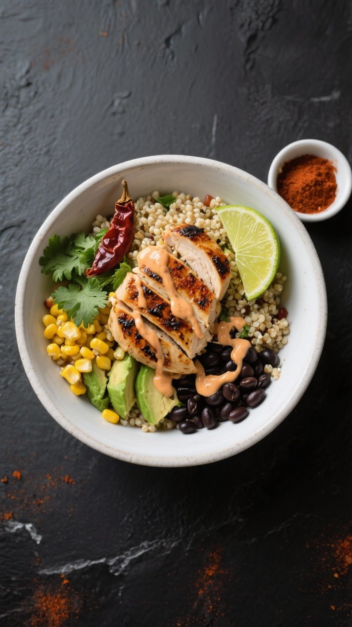 Overhead shot of Chipotle Chicken Quinoa Bowls: fluffy quinoa made with low-sodium chicken broth, topped with sliced chipotle chili powder–rubbed grilled chicken breasts, charred corn kernels, diced avocado, black beans, and cilantro; a generous drizzle of tangy lime crema over the chicken; lime wedges and a small bowl of chipotle powder on the side; styled in a wide white ceramic bowl on a matte charcoal surface for a smoky Southwestern vibe, bright colors, high contrast, no people.