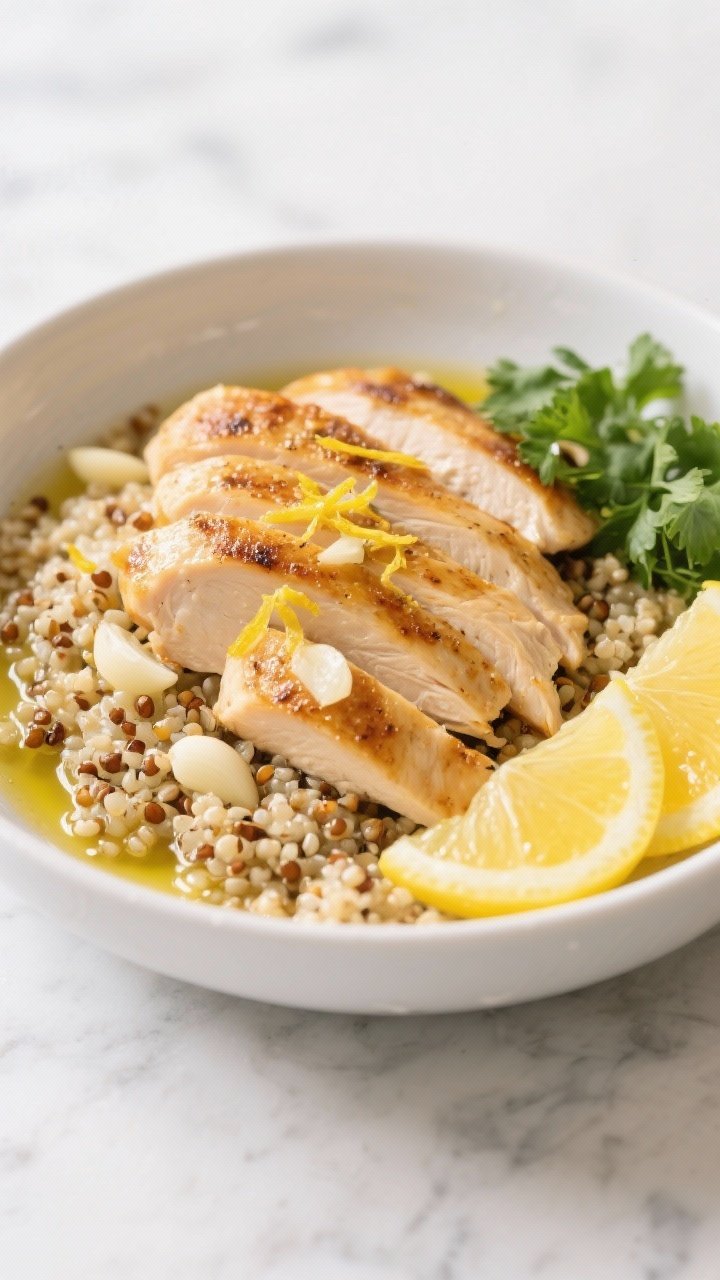 Overhead shot of Citrus-Garlic Chicken Bowls: thinly sliced chicken breasts seared golden, tossed with minced garlic, lemon zest and juice, a touch of honey, Dijon mustard, and ground cumin; served over fluffy quinoa with a crunchy toasted quinoa sprinkle, garnished with lemon wedges and parsley. Bright, zesty mood on a white ceramic bowl over a light marble surface, olive oil sheen visible, clean eating styling, no people.