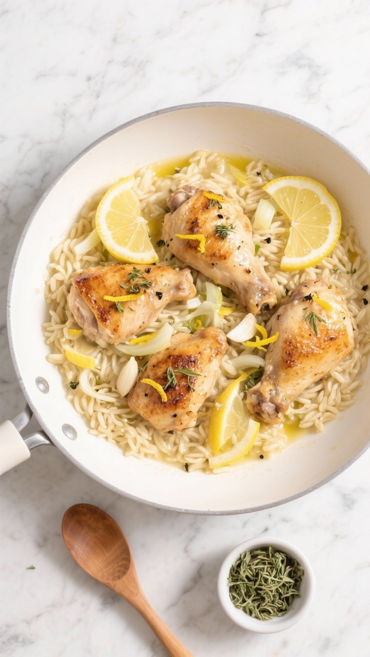 Overhead shot of creamy lemon chicken orzo in a shallow white skillet: bite-size seared chicken thighs nestled in silky orzo, glossy with olive oil, finely chopped yellow onion and minced garlic visible, speckled with dried oregano and lemon zest, thin lemon slices tucked in, finished with a light sprinkle of black pepper; styled on a light marble surface with a wooden spoon and a small bowl of extra oregano.